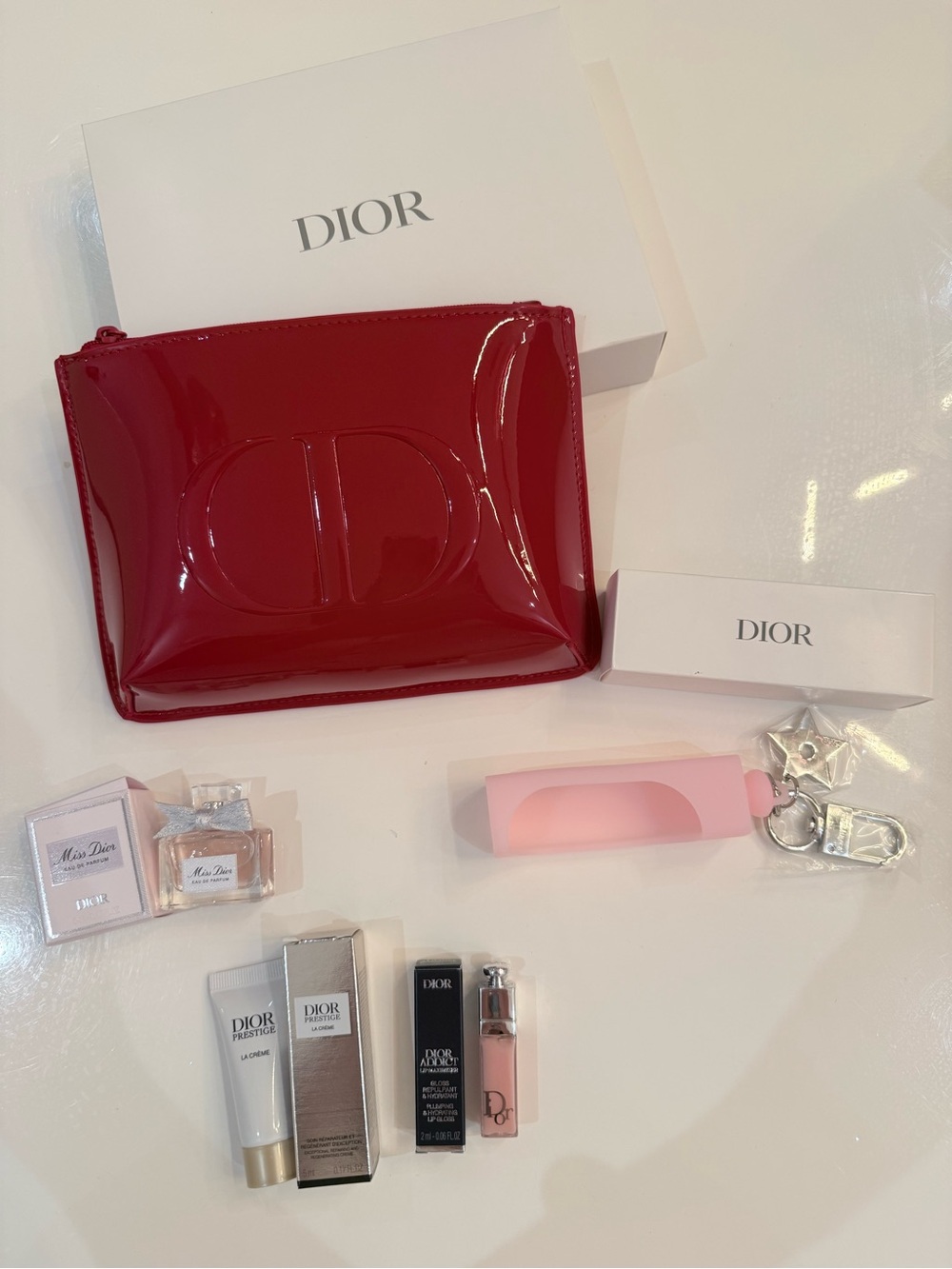 Dior Red Cosmetic Bag Set with Porte-Cles key ring and samples